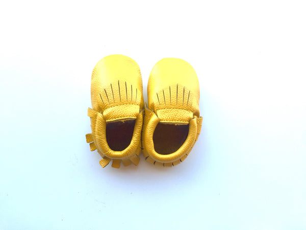 Baby Moccasins - Mustard Yellow Leather with Fringe