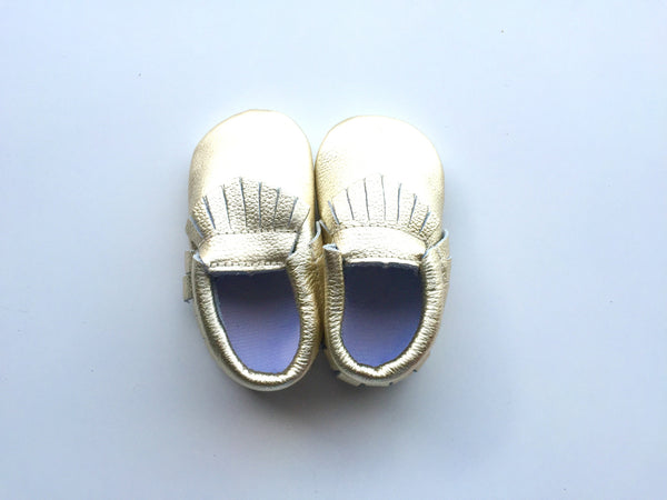 Baby Moccasins - Gold Leather with Fringe