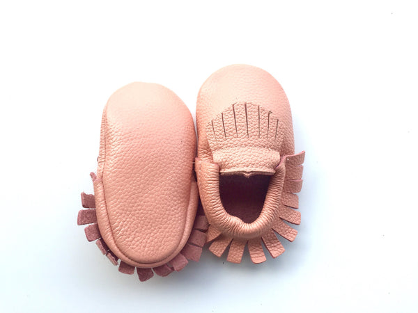 Baby Moccasins - Peach Leather with Fringe