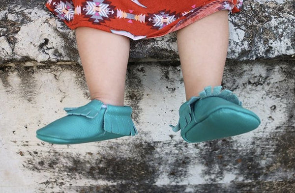 Baby Moccasins - Teal Blue Leather with Fringe