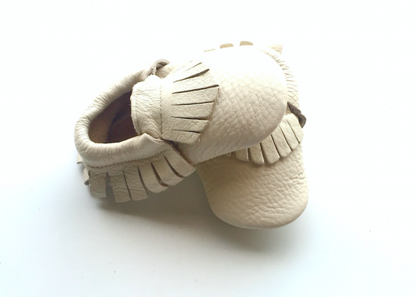 Baby Moccasins - Beige/Cream Leather with Fringe