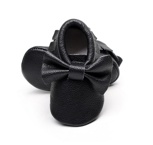 Baby Moccasins - Black Leather with Bow