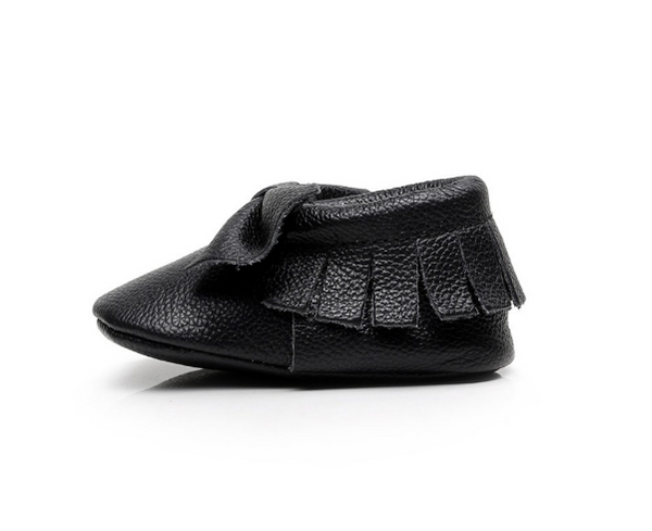 Baby Moccasins - Black Leather with Bow