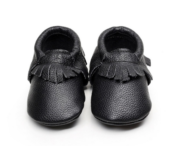 Baby Moccasins - Black Leather with Fringe