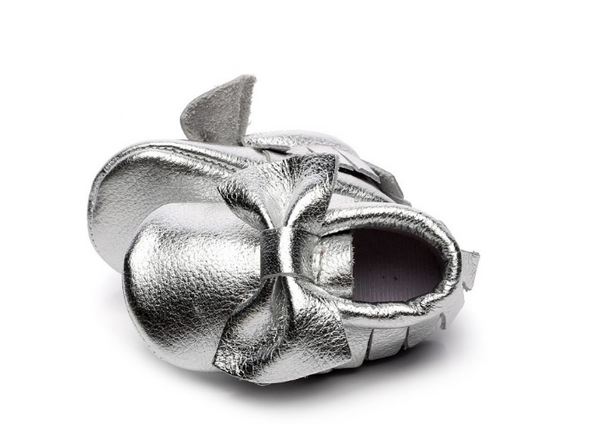 Baby Moccasins - Silver Leather with Bow