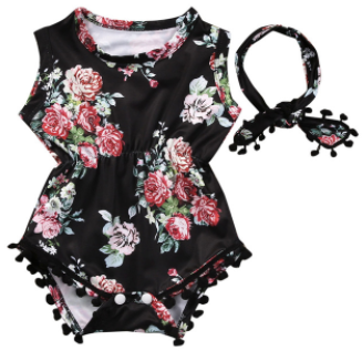 Baby/Toddler Black Floral Romper/Headband Set