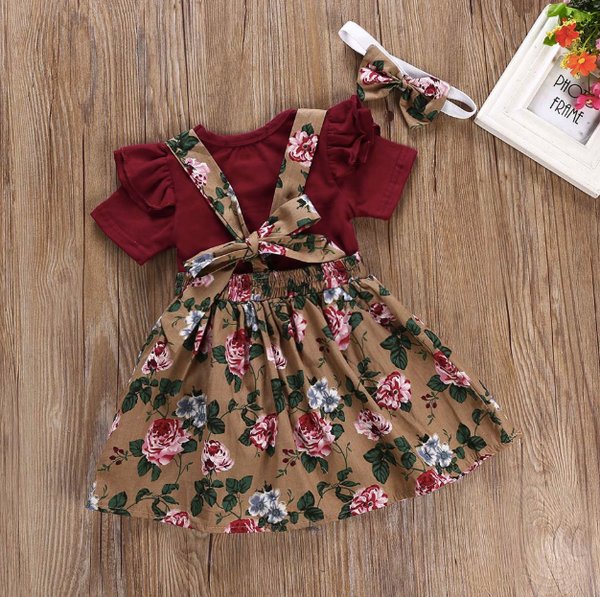 Baby/Toddler Cranberry Floral Suspender Dress/Romper/Headband Set