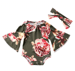Baby/Toddler Olive Floral Bell Sleeve Romper/Headband