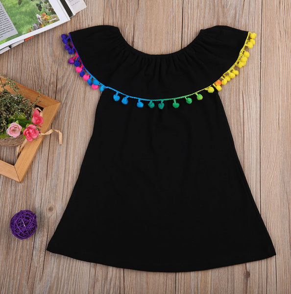 Toddler Black Rainbow Pom Pom Dress