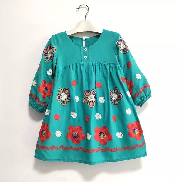 Toddler Turquoise Embroidered Flowers Dress